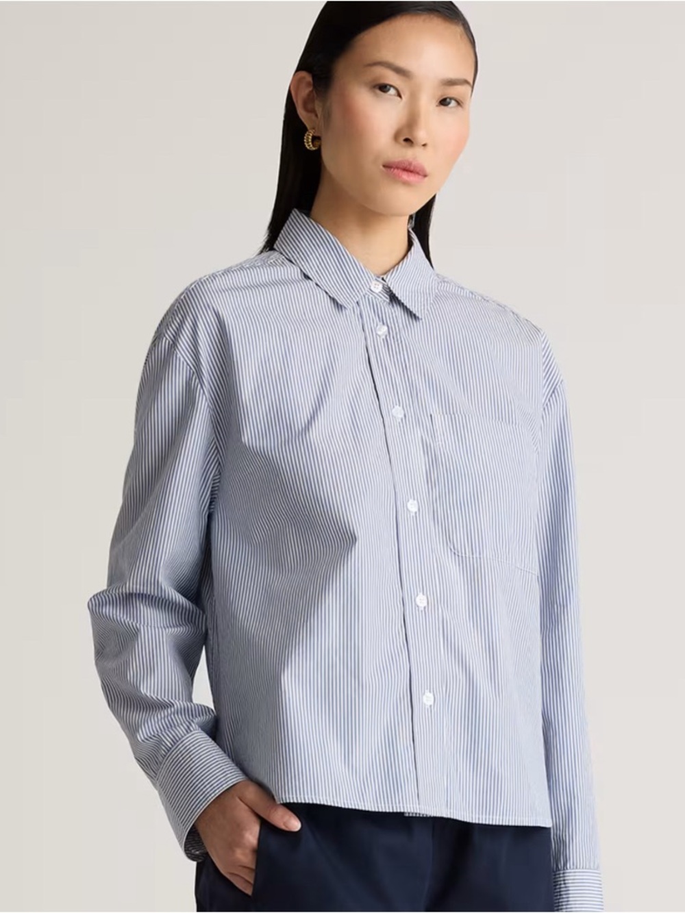 Quince 100% Organic Cotton Poplin Cropped Long Sleeve Striped Shirt Size: M